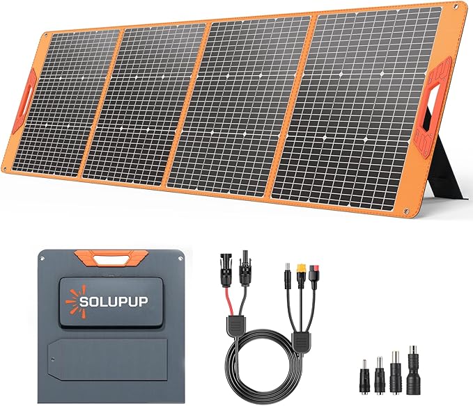 SOLUPUP Panel solar portátil de 200 vatios para estación de energía, cargador solar plegable de 24% de alta eficiencia con 4 soportes, paneles solares impermeables IP66 con salidas MC4 y USB para